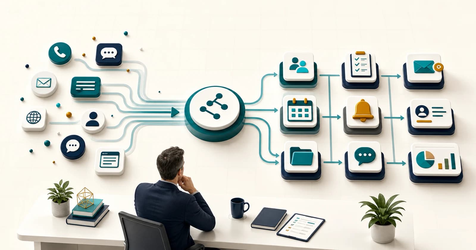 AI workflow automation connecting enquiries, leads, scheduling, follow-up, CRM updates, and business reporting