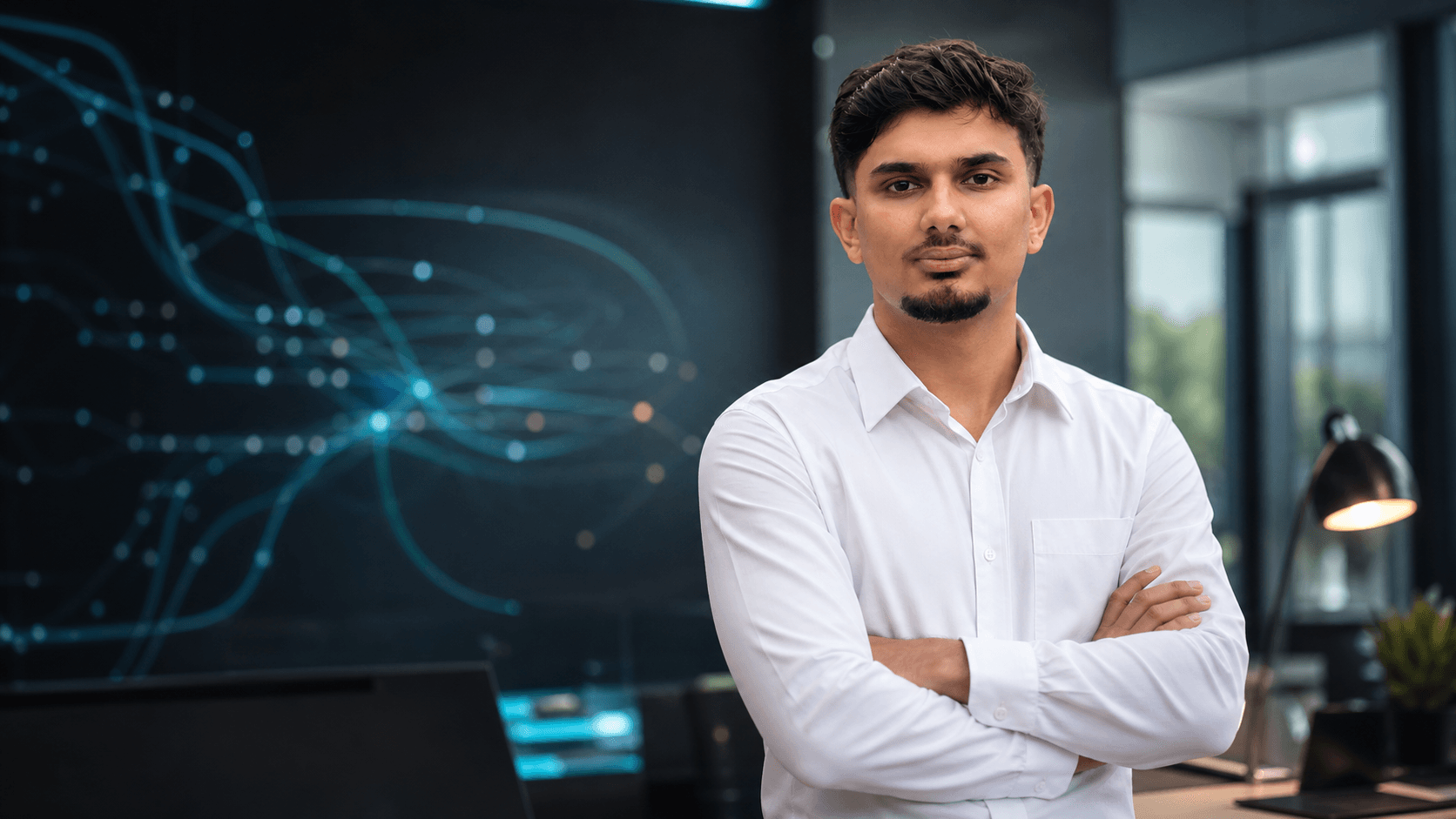 Ananta Sharma in a professional engineering workspace with abstract business integration data flows