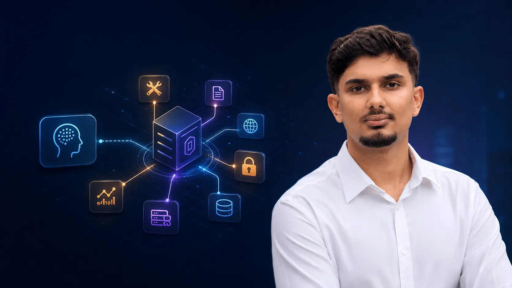 Ananta Sharma with a production MCP server architecture connecting AI clients to tools and APIs