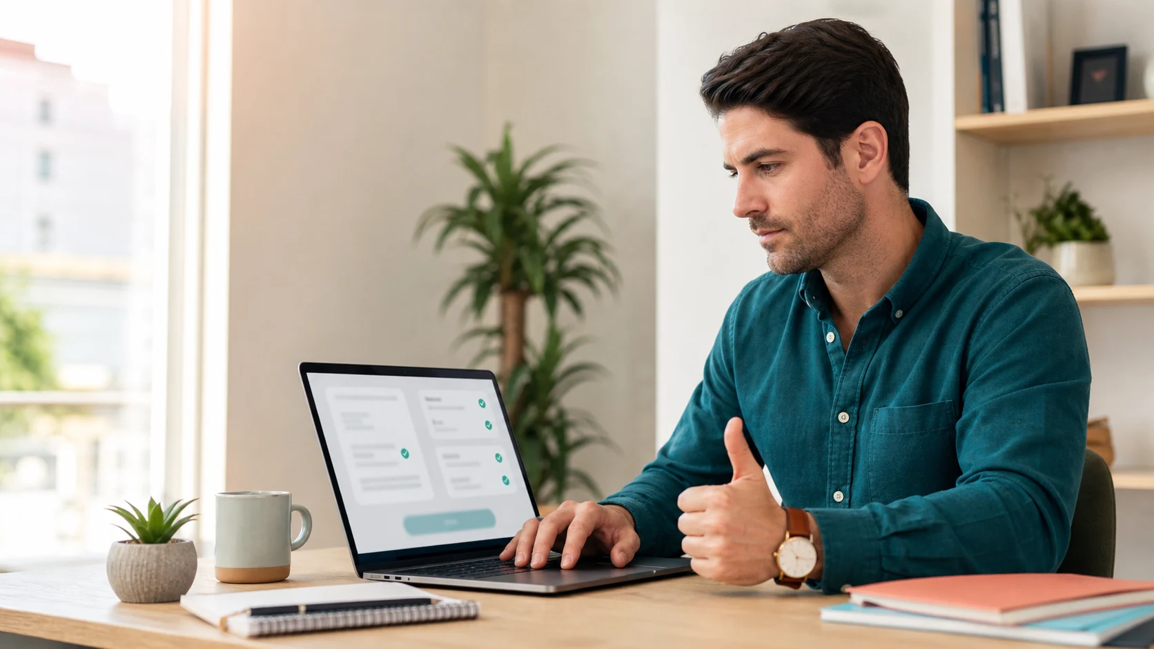 A consultant reviewing an AI-generated business summary on a laptop before approving the next action