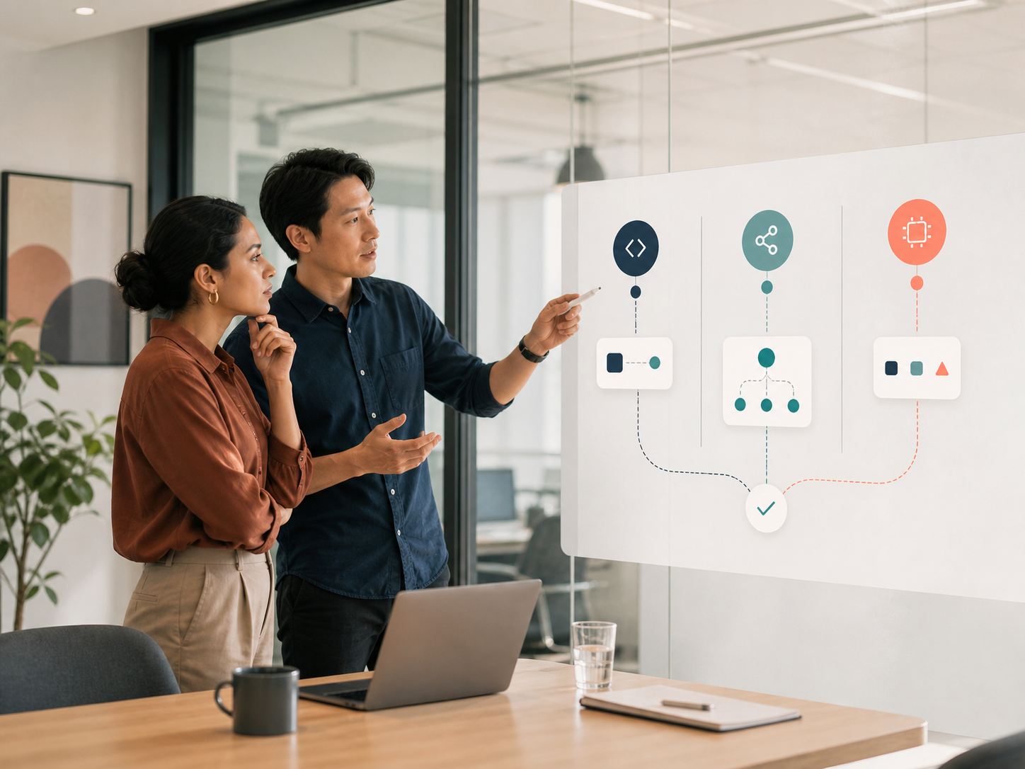 A founder and engineer reviewing three integration patterns on a glass planning wall