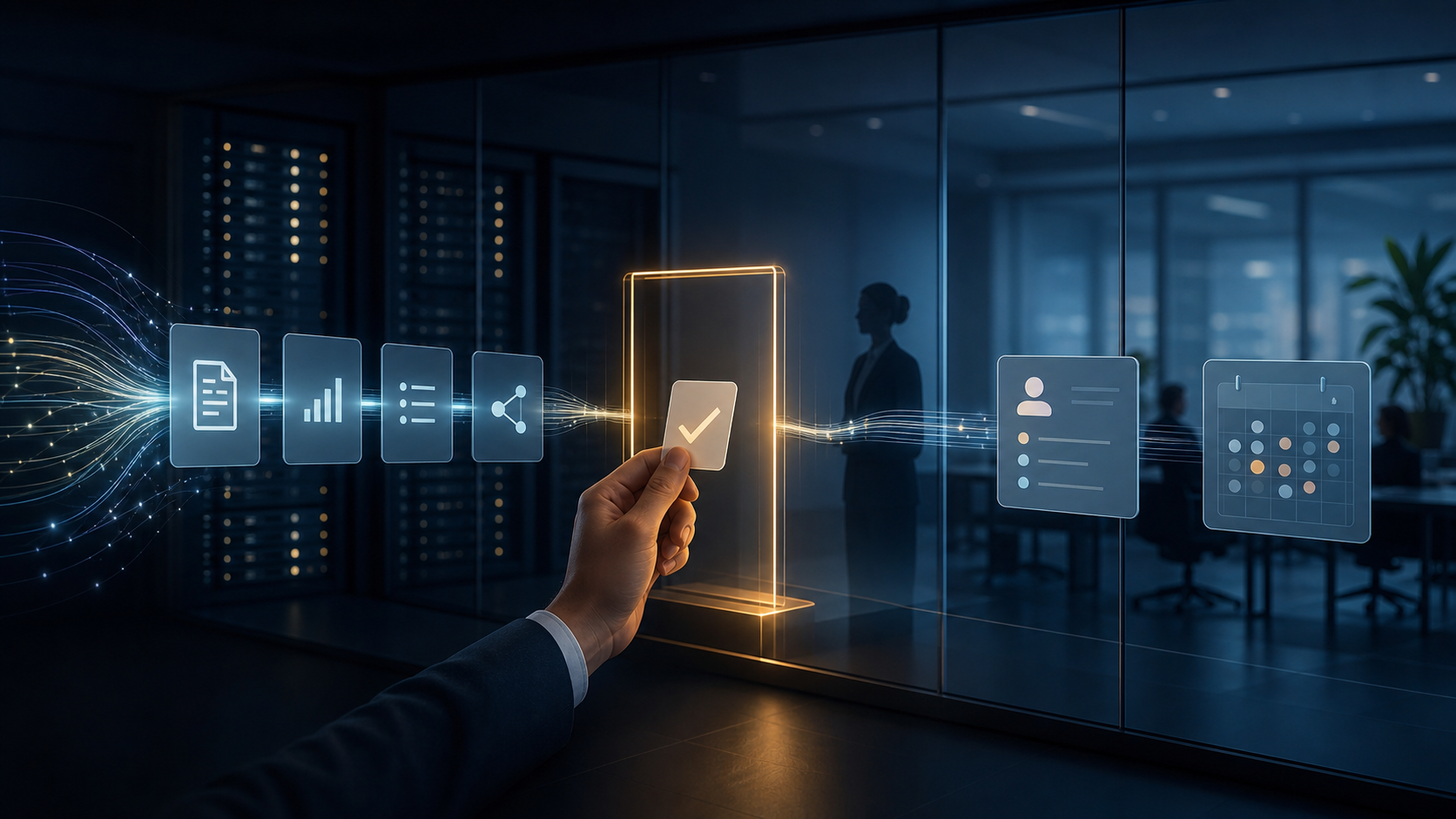 Secure automation workflow passing through validation, audit, and human approval before reaching business systems